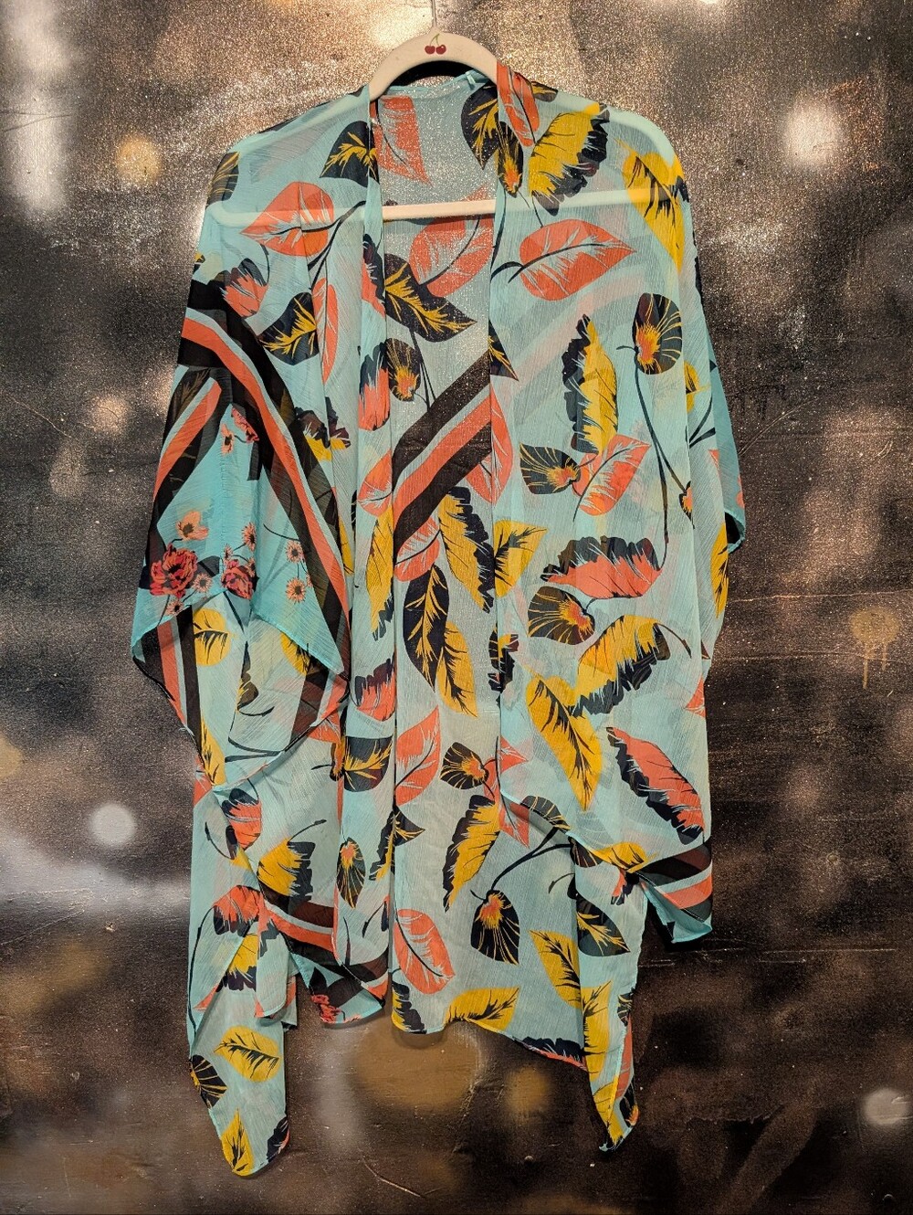 Bohemian Kimono Cardigan Teal Floral Botanical Print Flowy Open Front One Size